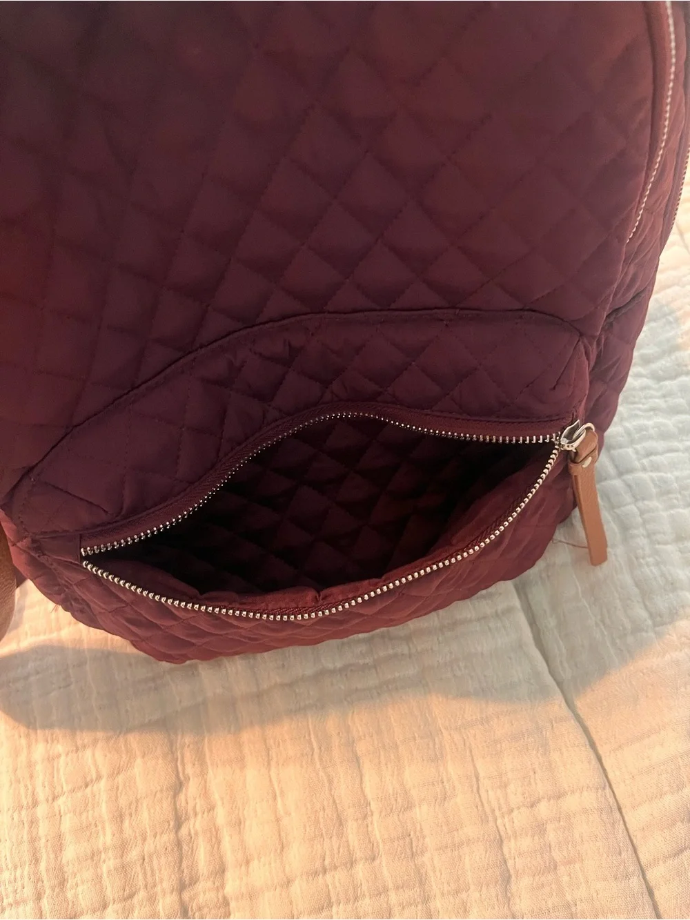 Martha Stewart Quilted Burgundy Backpack with Tan Straps